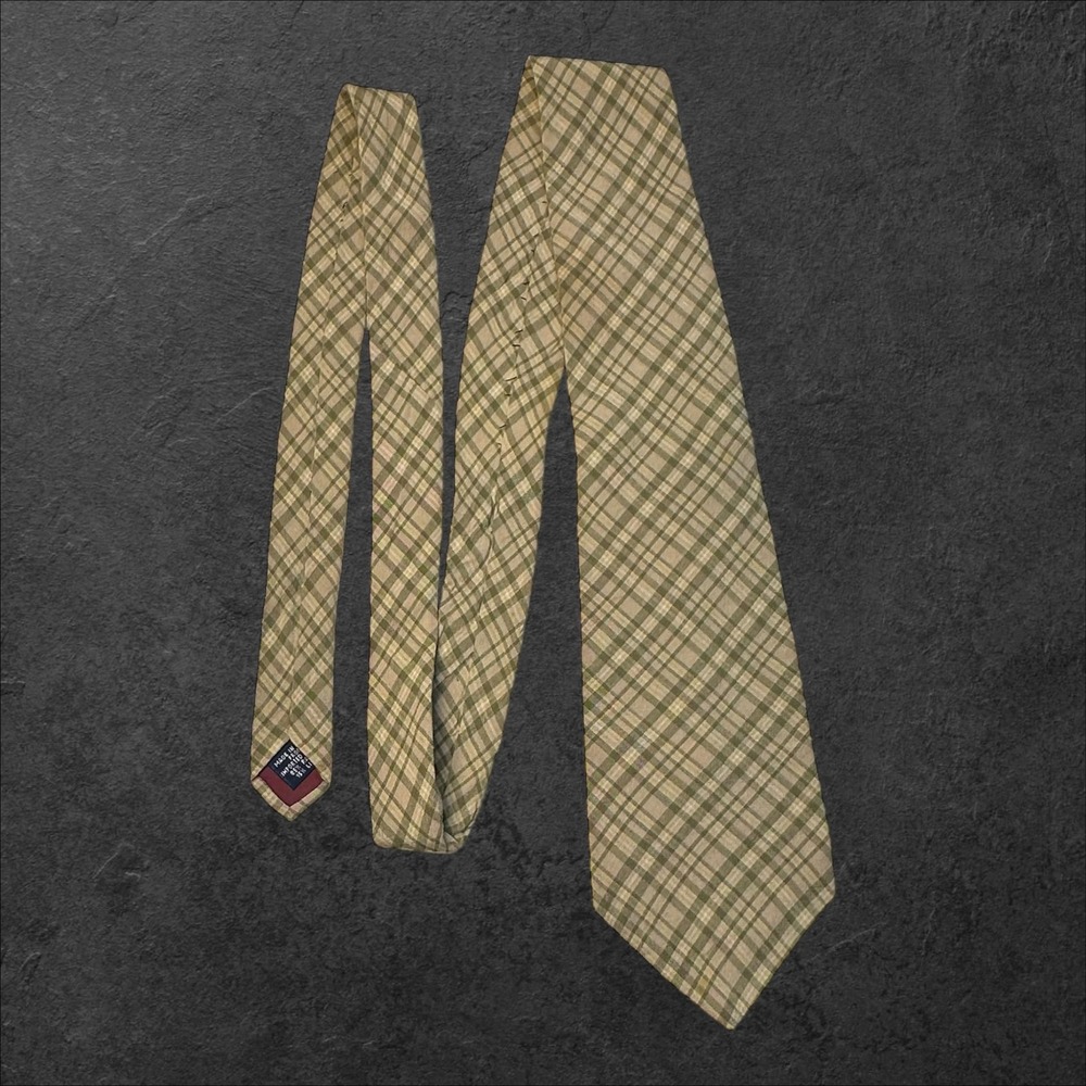 Gap Mens Vintage Plaid Necktie Olive Green Tan‎ Rayon Linen Blend Made in USA